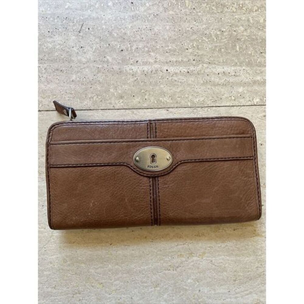 Fossil Maddox Wallet Brown  Leather 3/4 Zip Around Clutch Organizer Purse‎